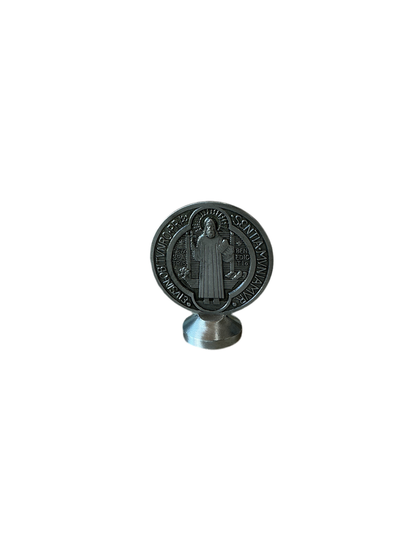 Silver & St Benedict Medallion for Desk - 1.83" x 2.15" - Easy Display Adhesive Foam Pad