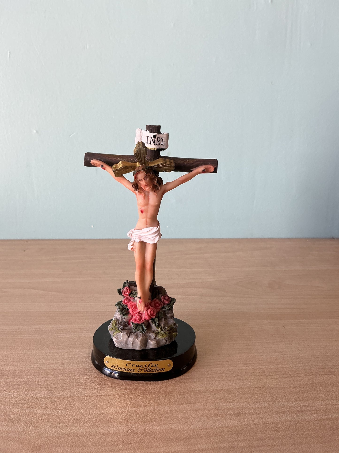 Crucifixion with wooden base 5"H