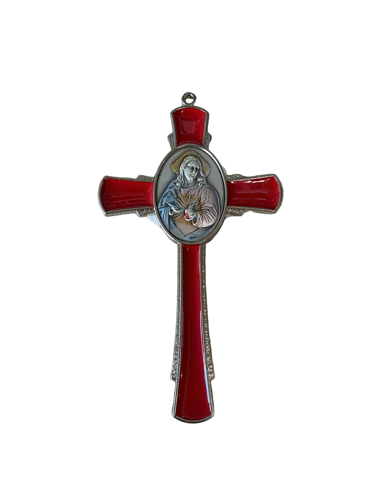 Red and Silver Cross Featuring Sacred Heart 4”H