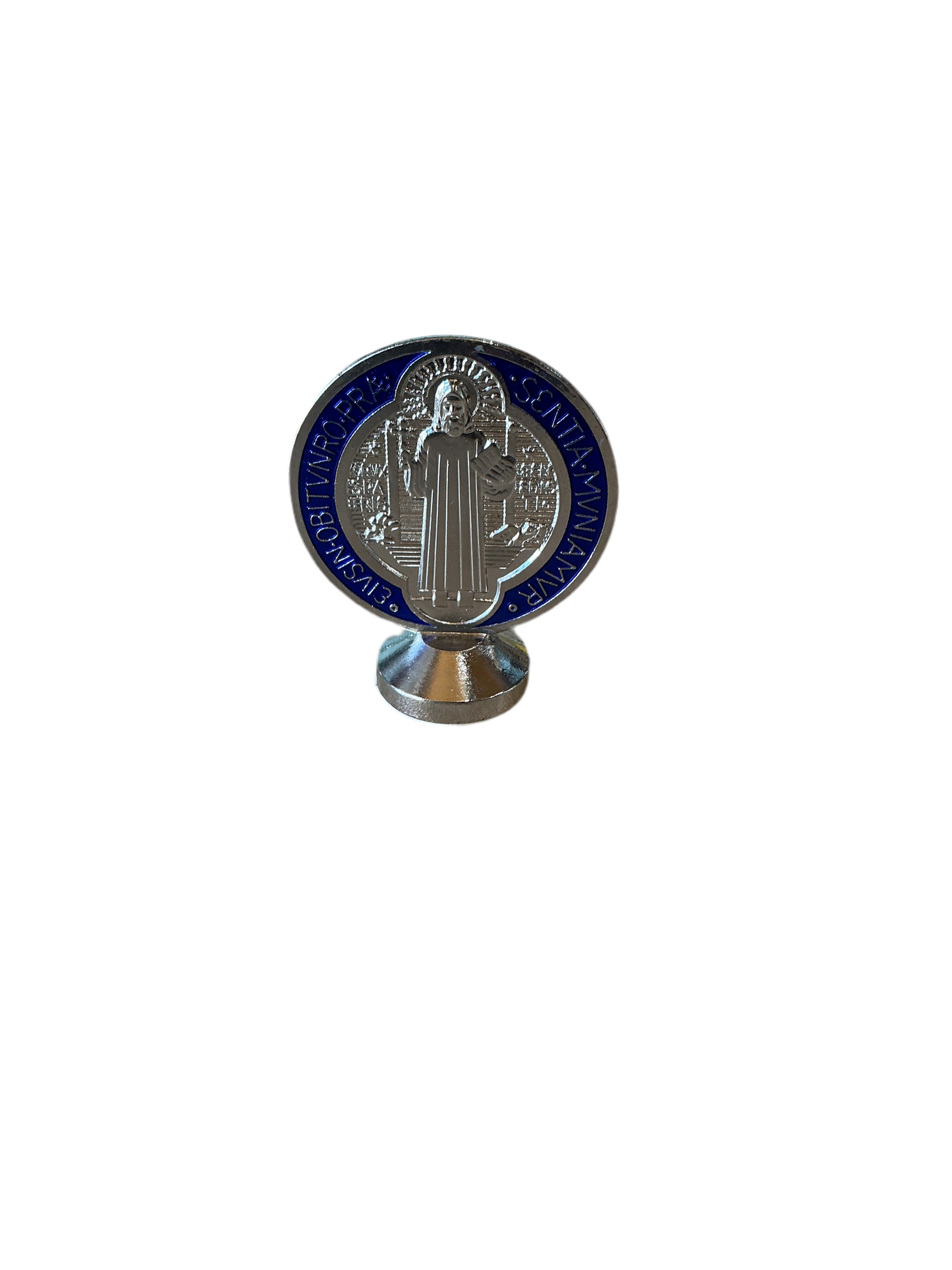 Silver & Blue St Benedict Medallion for Desk - 1.83" x 2.15" - Easy Display Adhesive Foam Pad