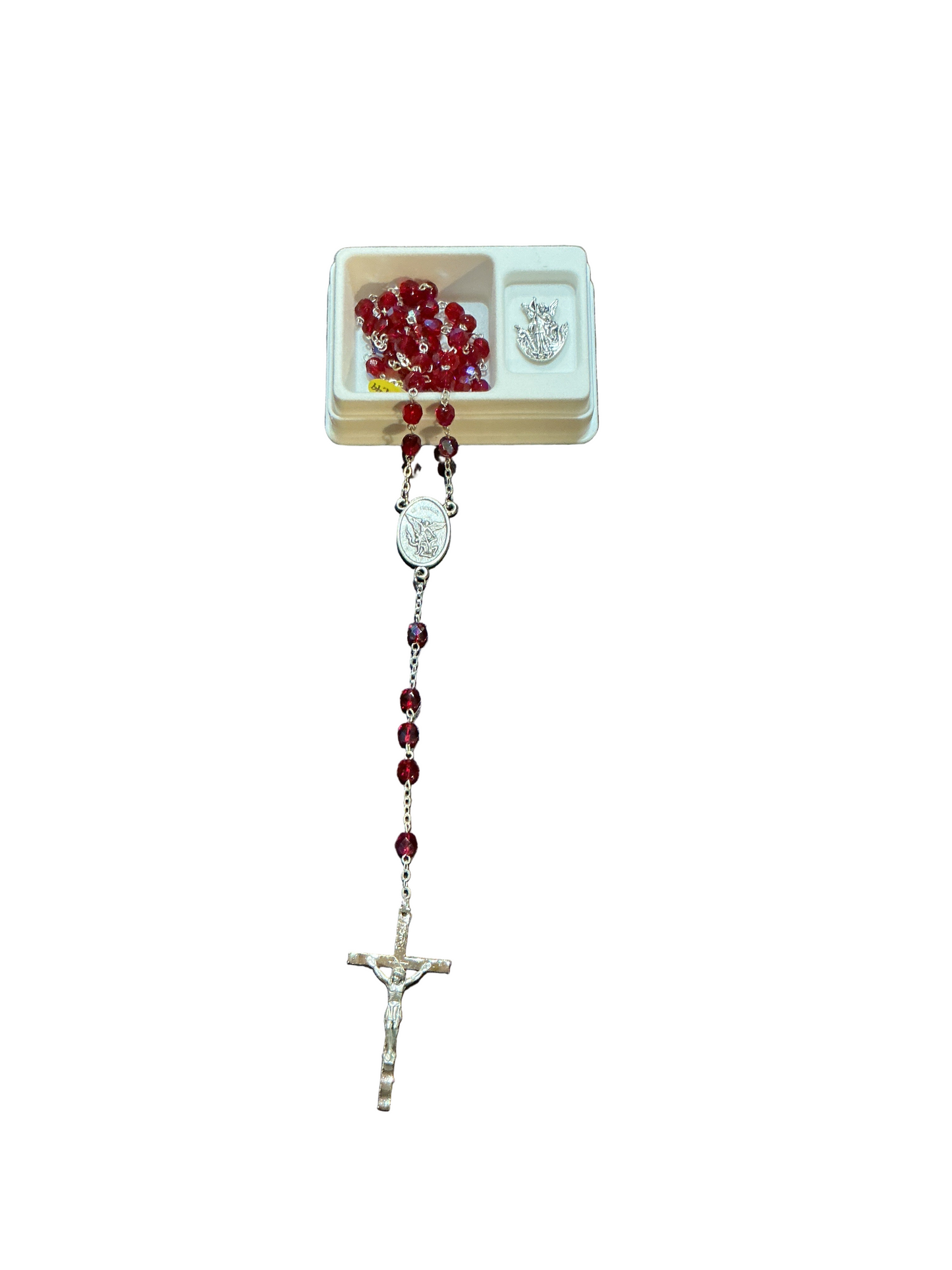 Rsy St Michael Pin/Set Red Glass Beads/Case