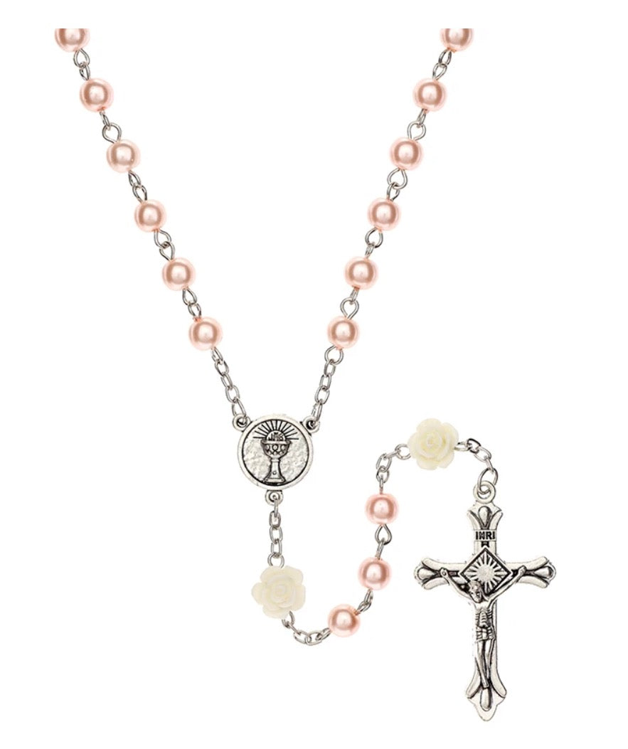 Pink First Communion Pearl and Flower Rosary