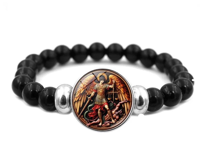Pulsera de Cuentas San Miguel Arcángel Cabujón de Vidrio Negro