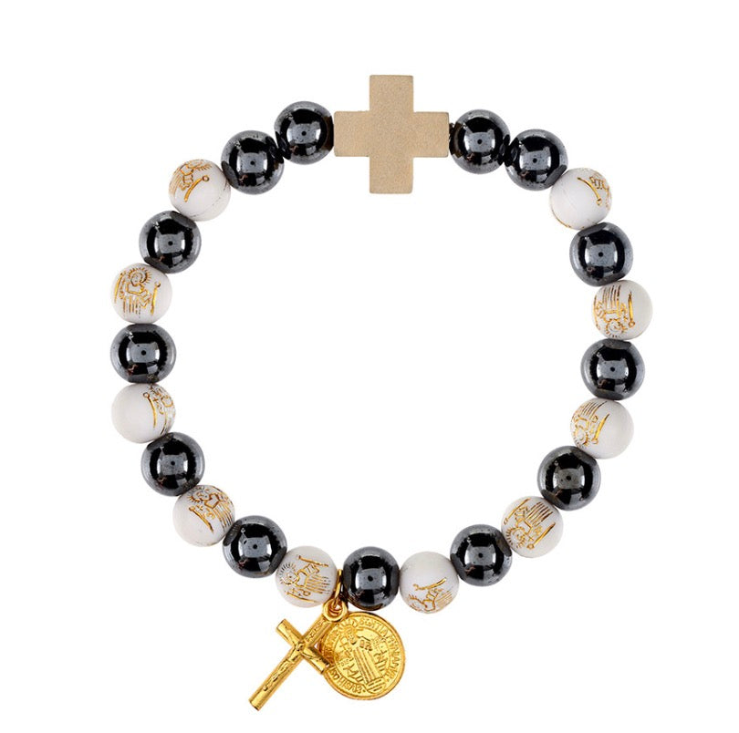 St. Benedict Bead and Hematite Rosary Bracelet