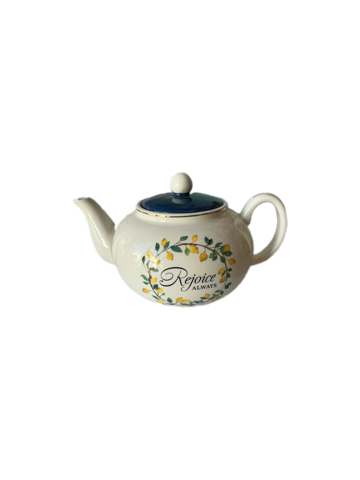 Large Ceramic Cute Inspirational Scripture Teapot for Women: Rejoice Always Bible Verse for Home & Kitchen w/Gold, Easy-pour Lead & Cadmium-free, White/Blue & Yellow Lemons, 34 oz.