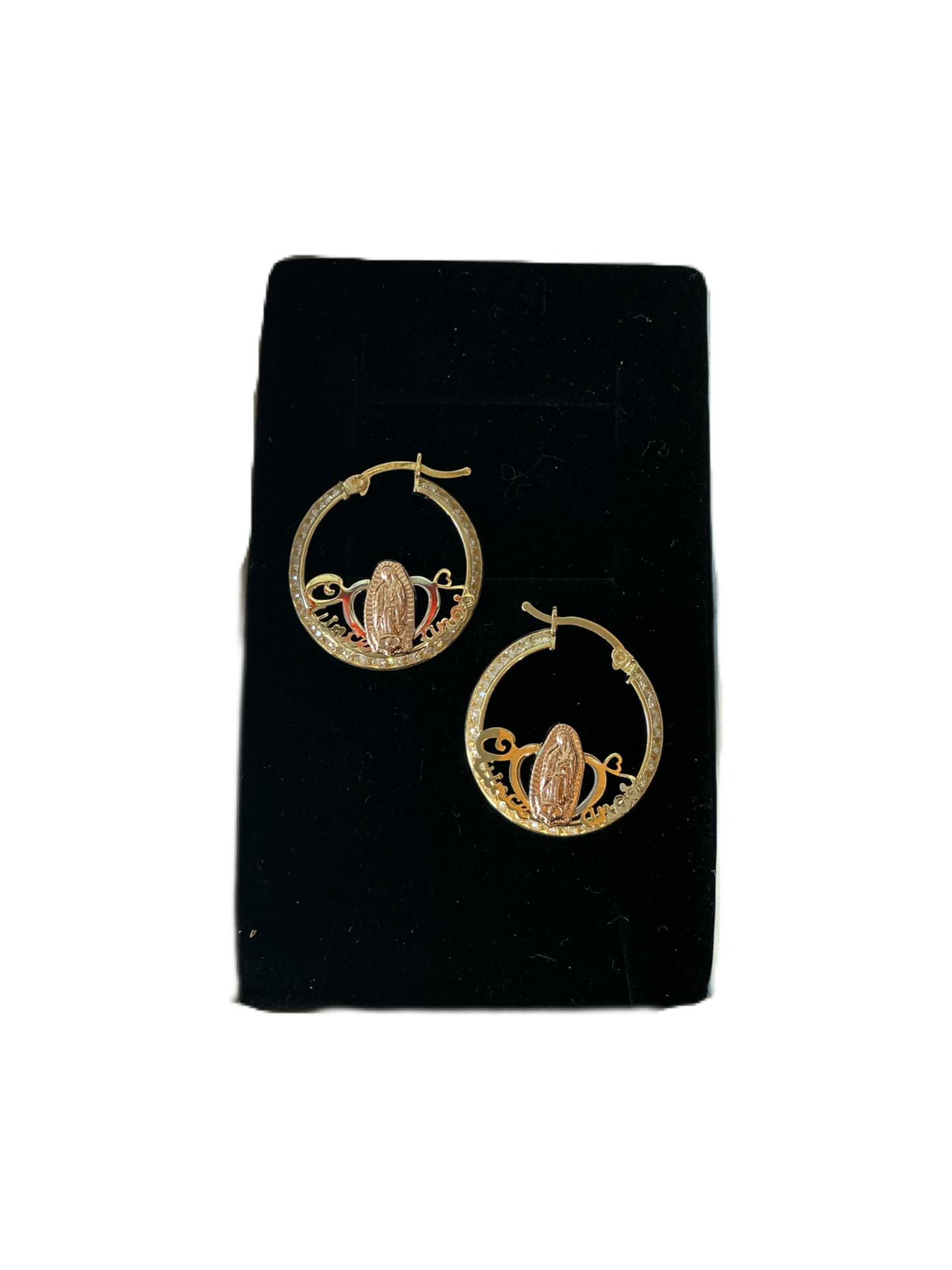 14K Tri Color Pink White Yellow Gold Our Lady of Guadalupe Virgin Mary Round Medium Hoops