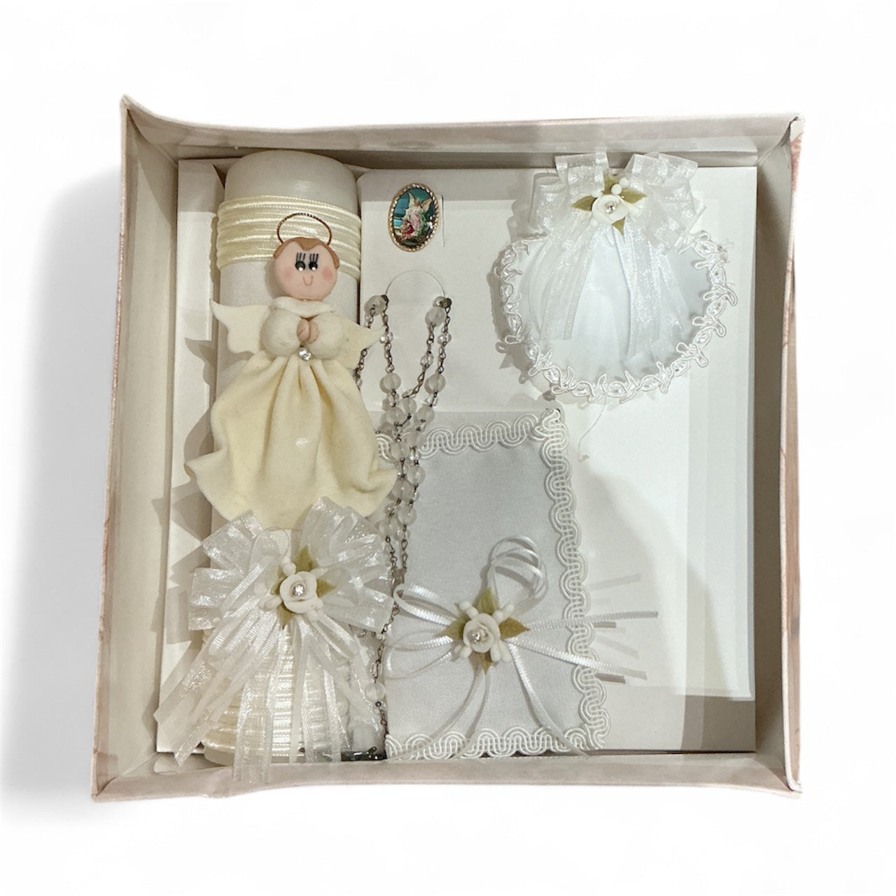 Baptism candle set for boys, white with candle, baptismal towel, shell, rosary, guardian angel medal
