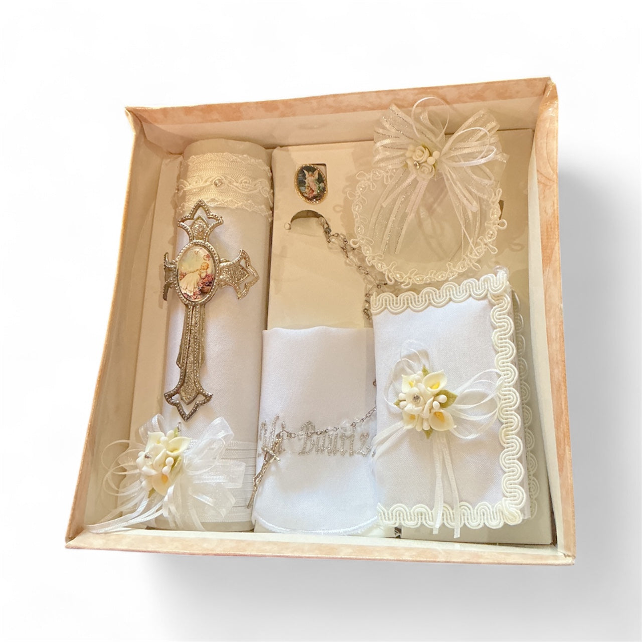Baptism candle set for boys and girls white candle with cross with baptism imagen , baptismal towel, shell, rosary, guardian angel medal