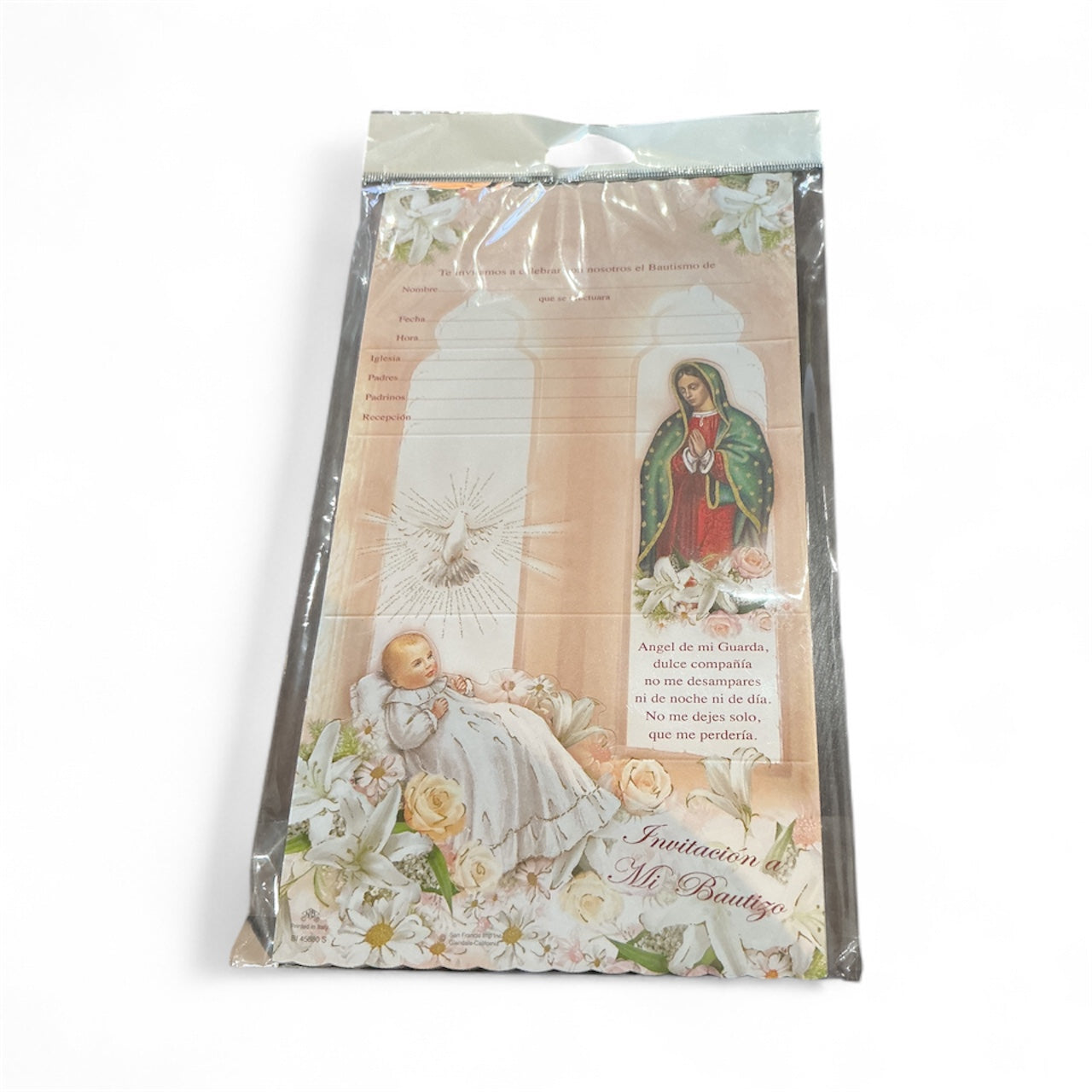 Invitaciones para Bautizo color rosado con imagen de Virgen de Guadalupe