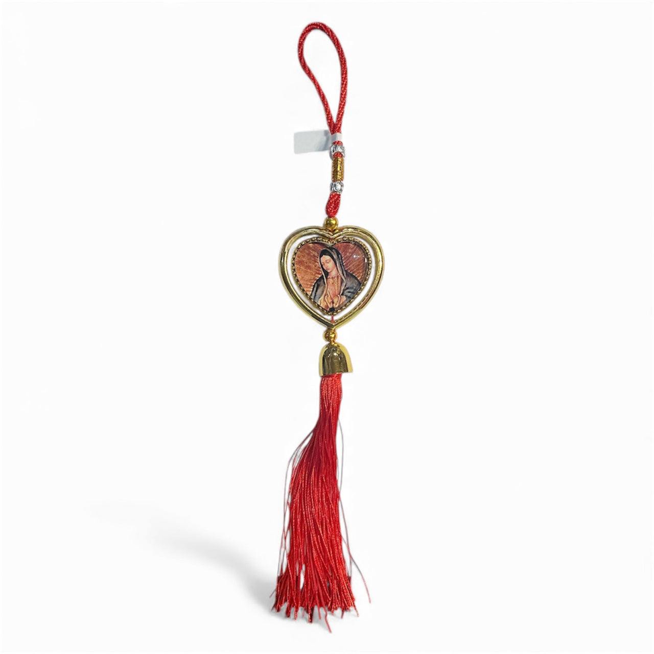 Heart-shaped hanging ornament with the image of Our Lady of Guadalupe
