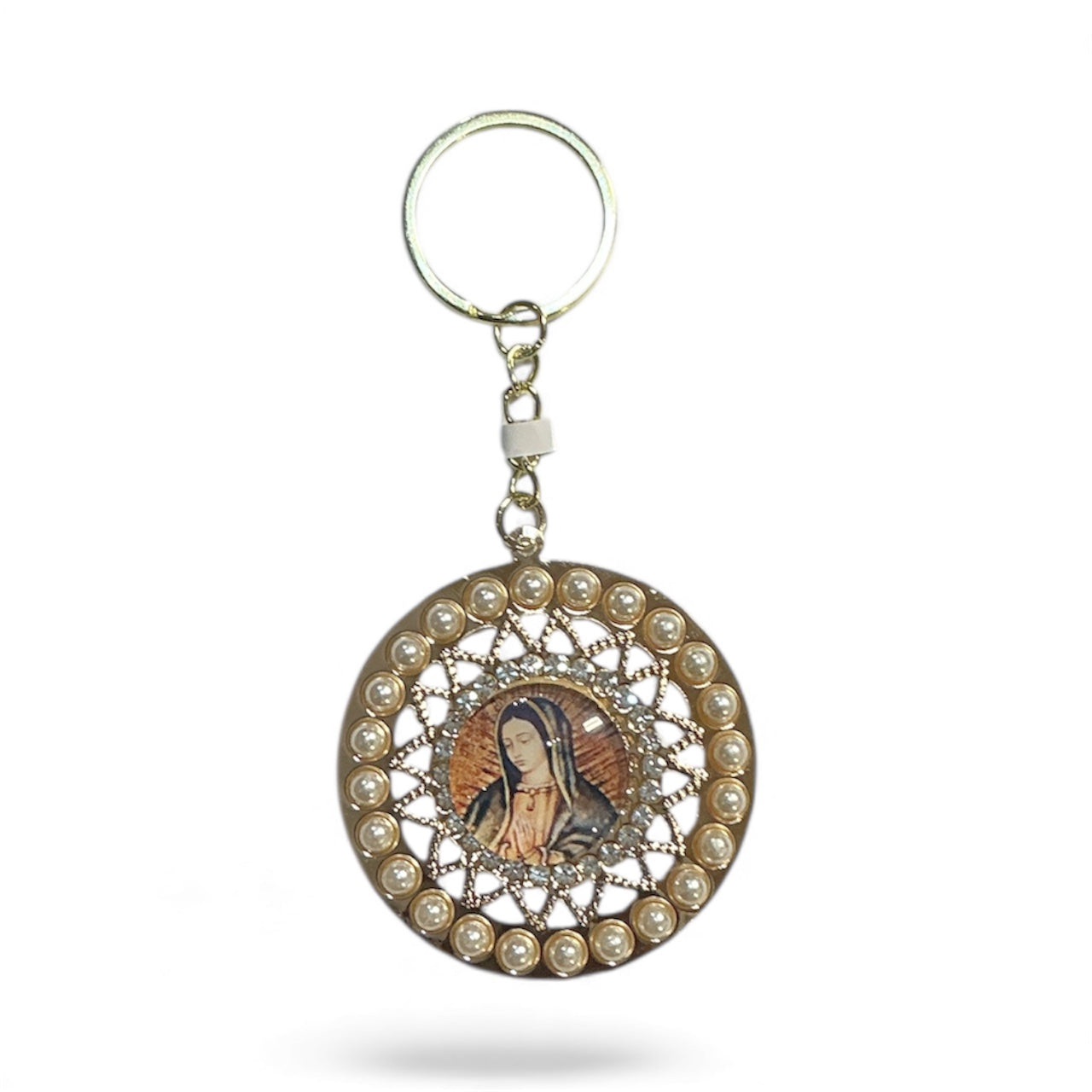 Round keychain with pearls of the Virgin of Guadalupe