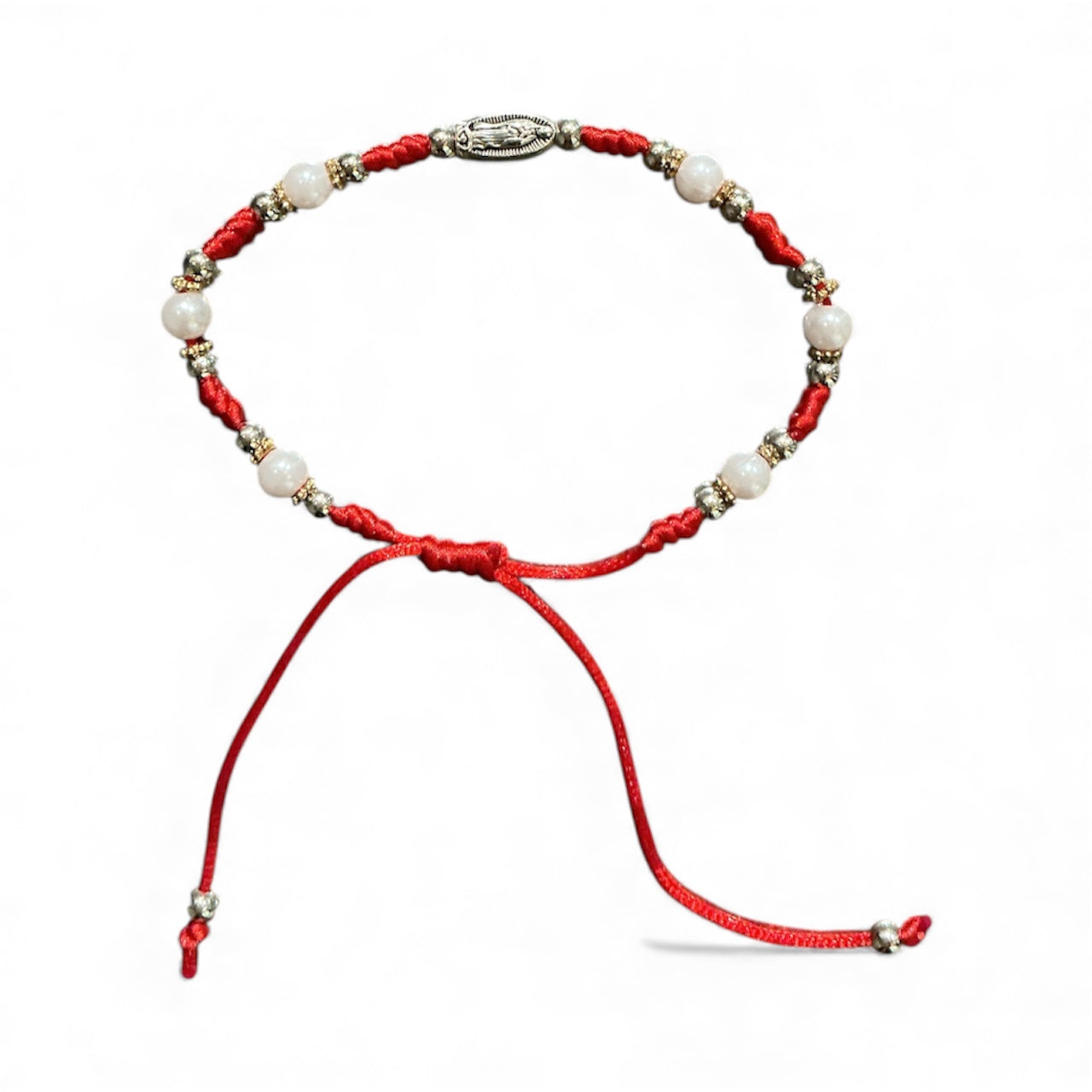Pulsera de hilo roja con perla de la Virgen de Guadalupe