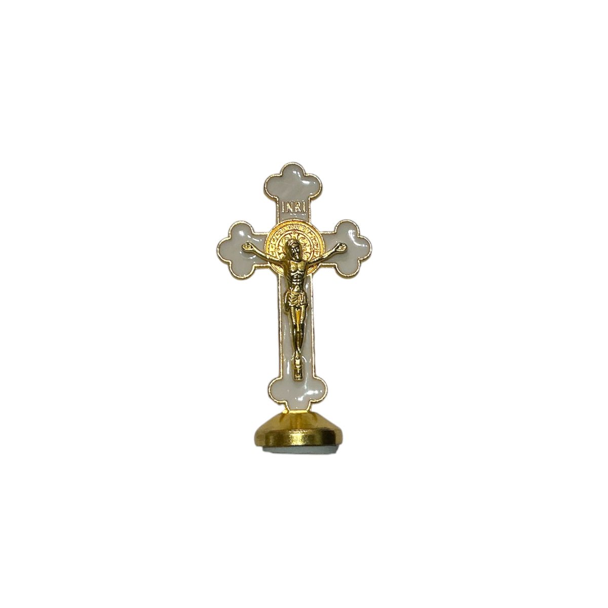 Gold Crucifix St Benedict with base 3” - White
