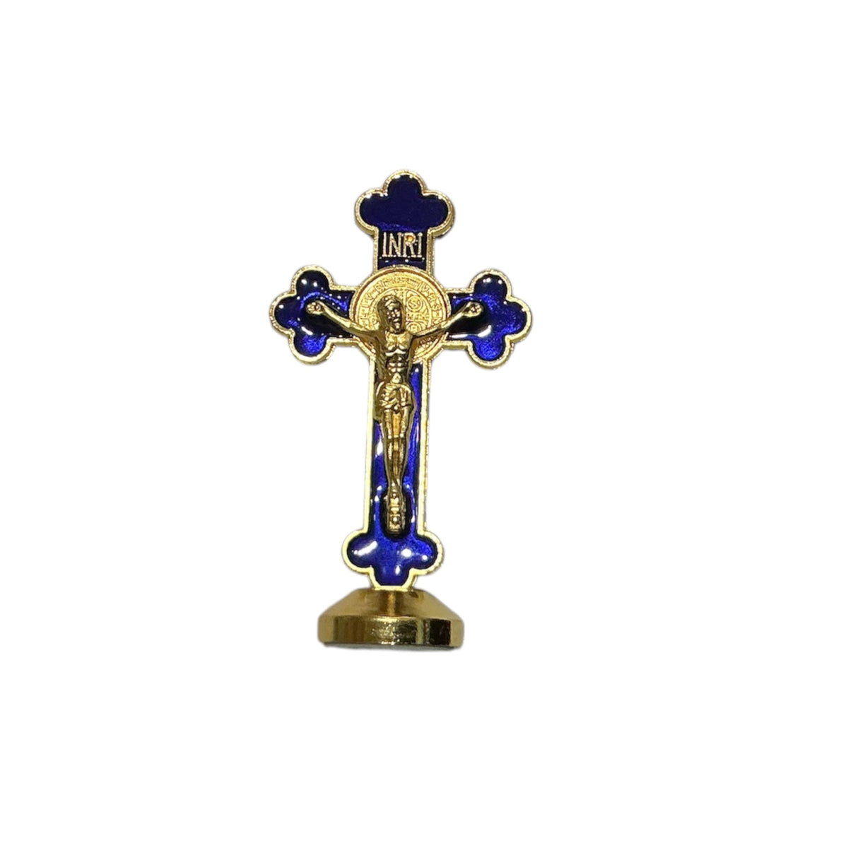 Gold Crucifix St Benedict with base 3” - Blue