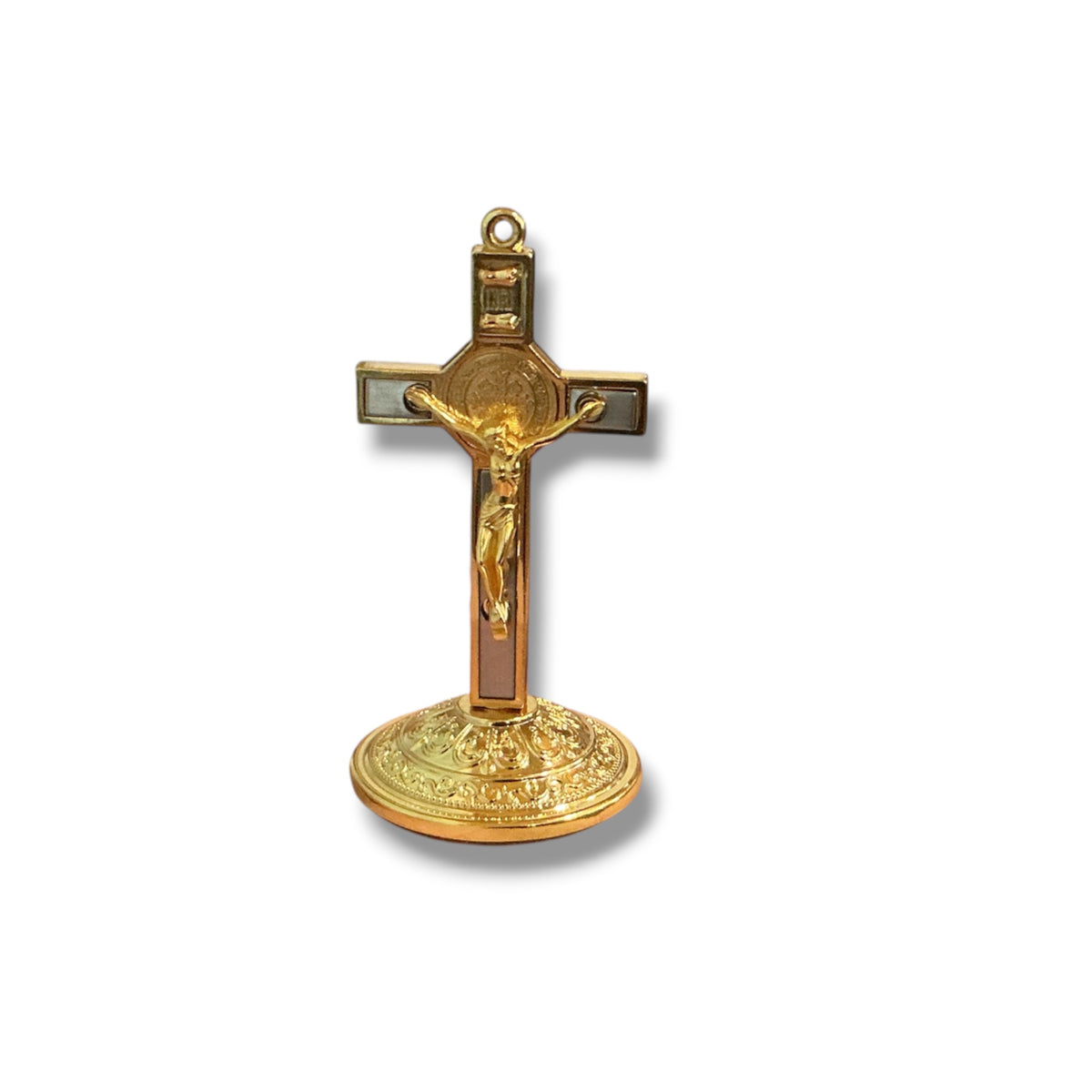 Gold Crucifix St.Benedict with base 4”