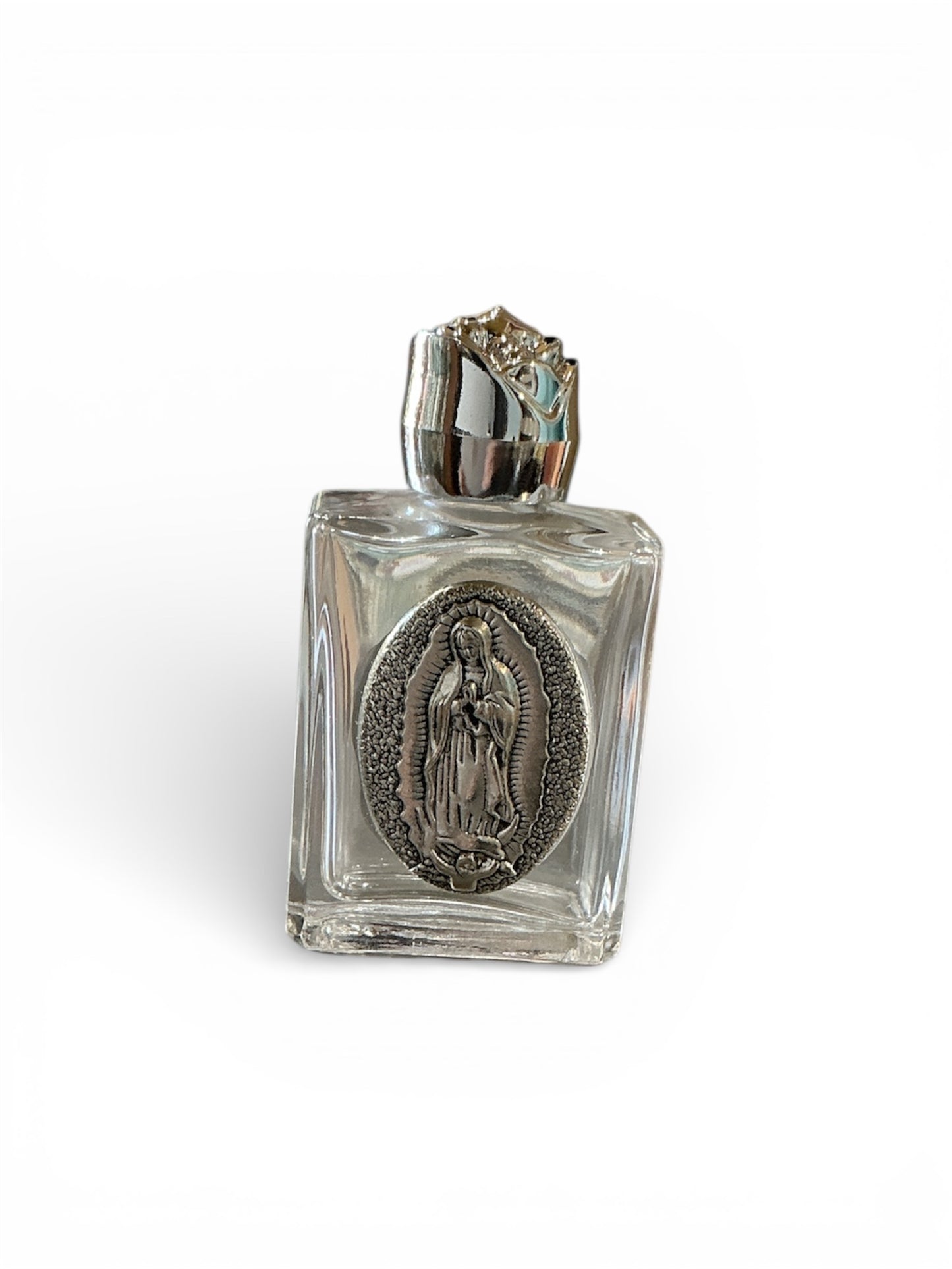 glass bottle of holy water with the image of the Virgin of Guadalupe