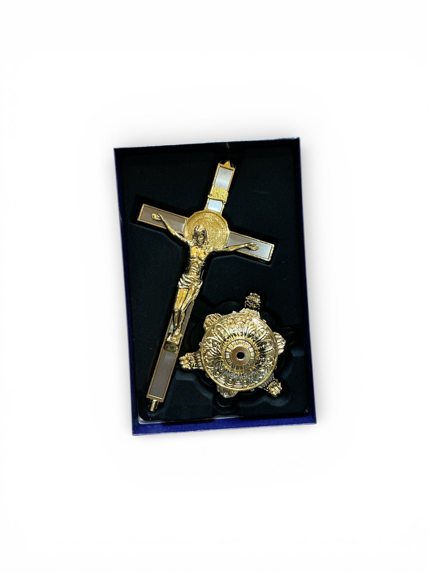 cross with a gold and silver metal base of Saint Benedict