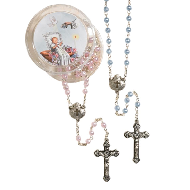 Pink Baptism Rosary with Two-Piece Rosary Case