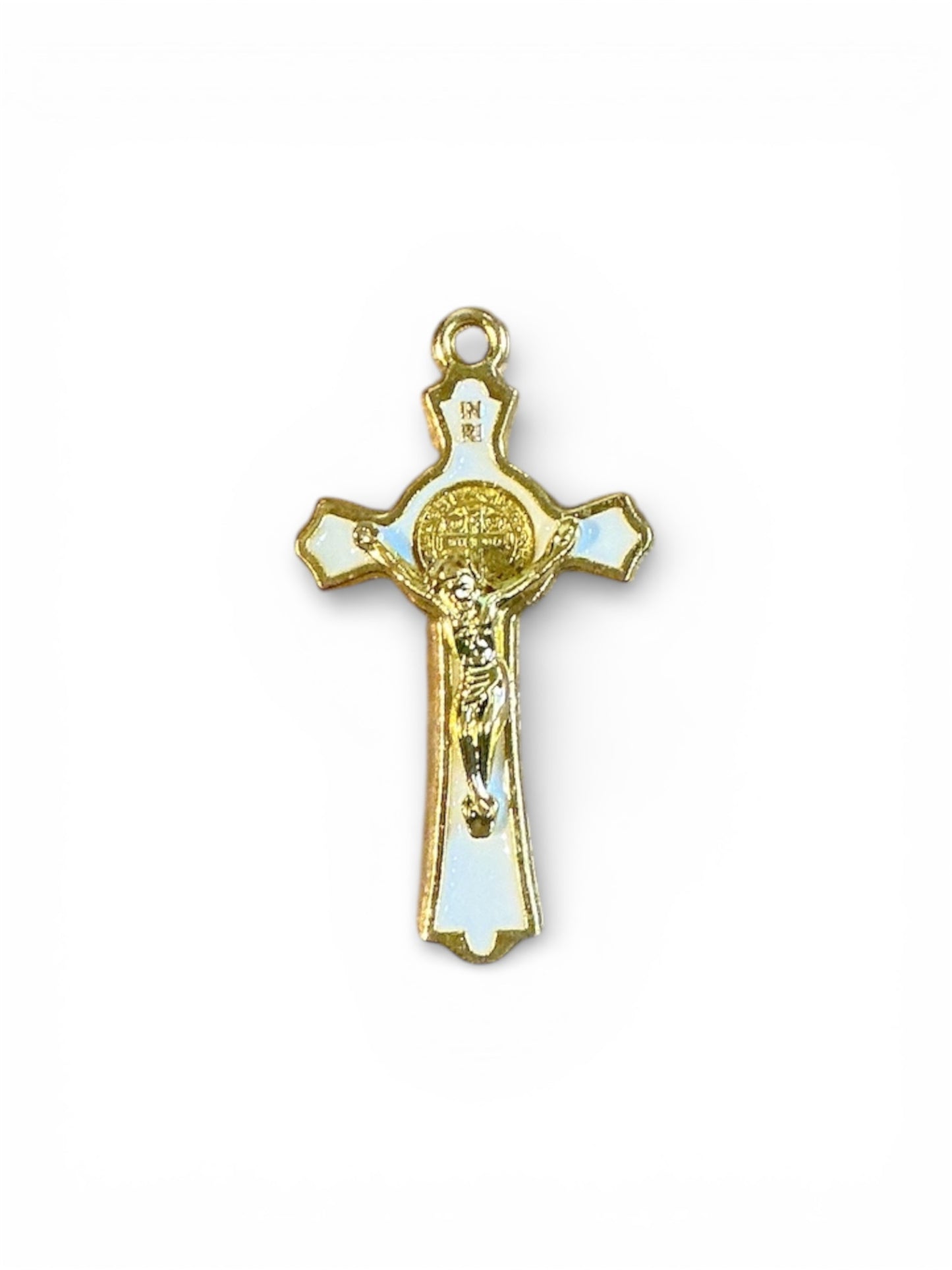 White and Gold Inlay St. Benedict Crucifix Pendant