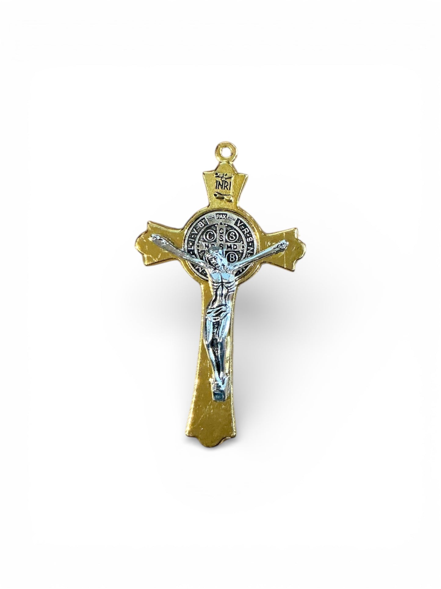 Gold St. Benedict pendant cross with a Silver Christ figure.