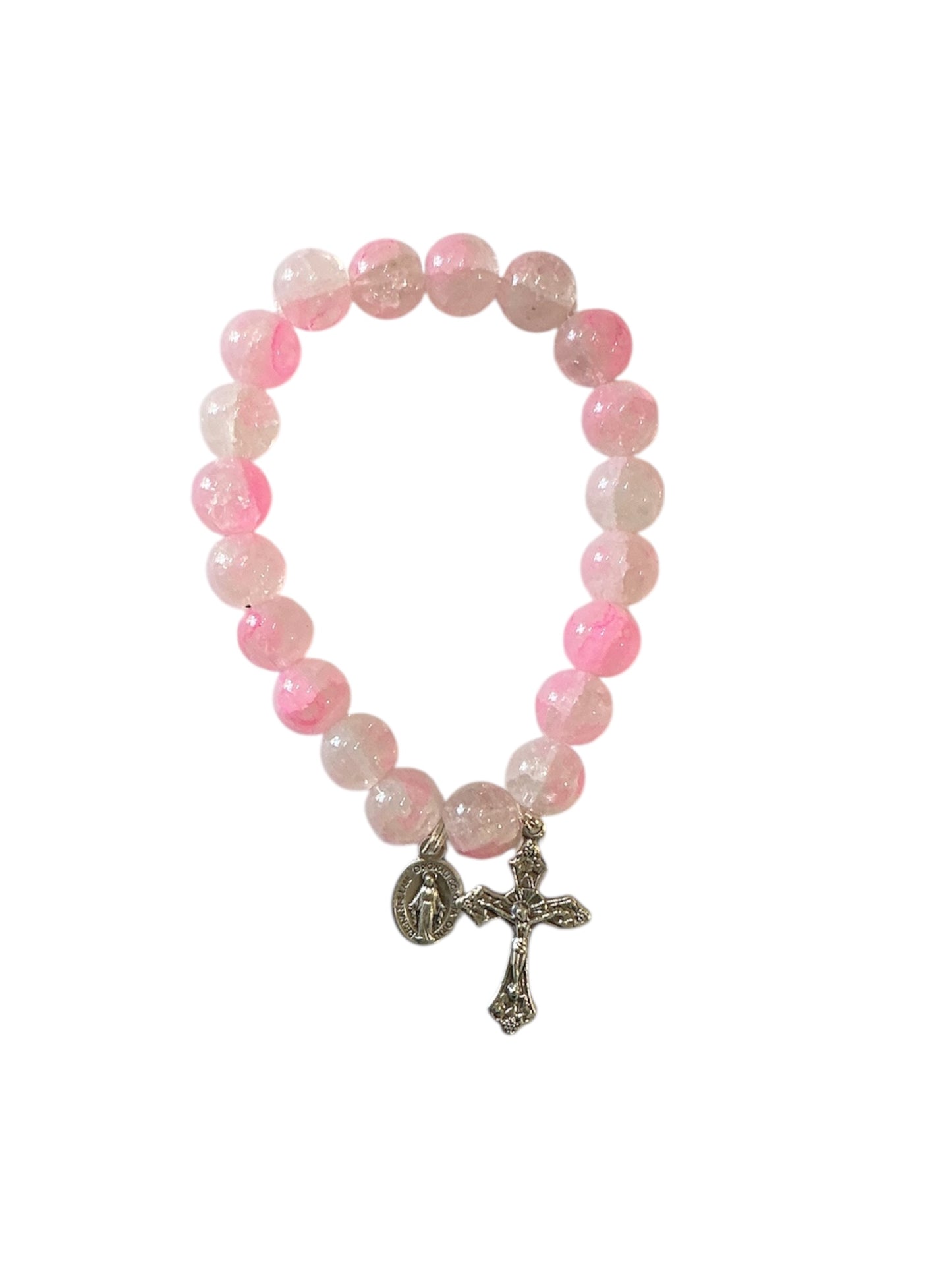 Pink Marbled Glass Bead Miraculous Virgin Bracelet