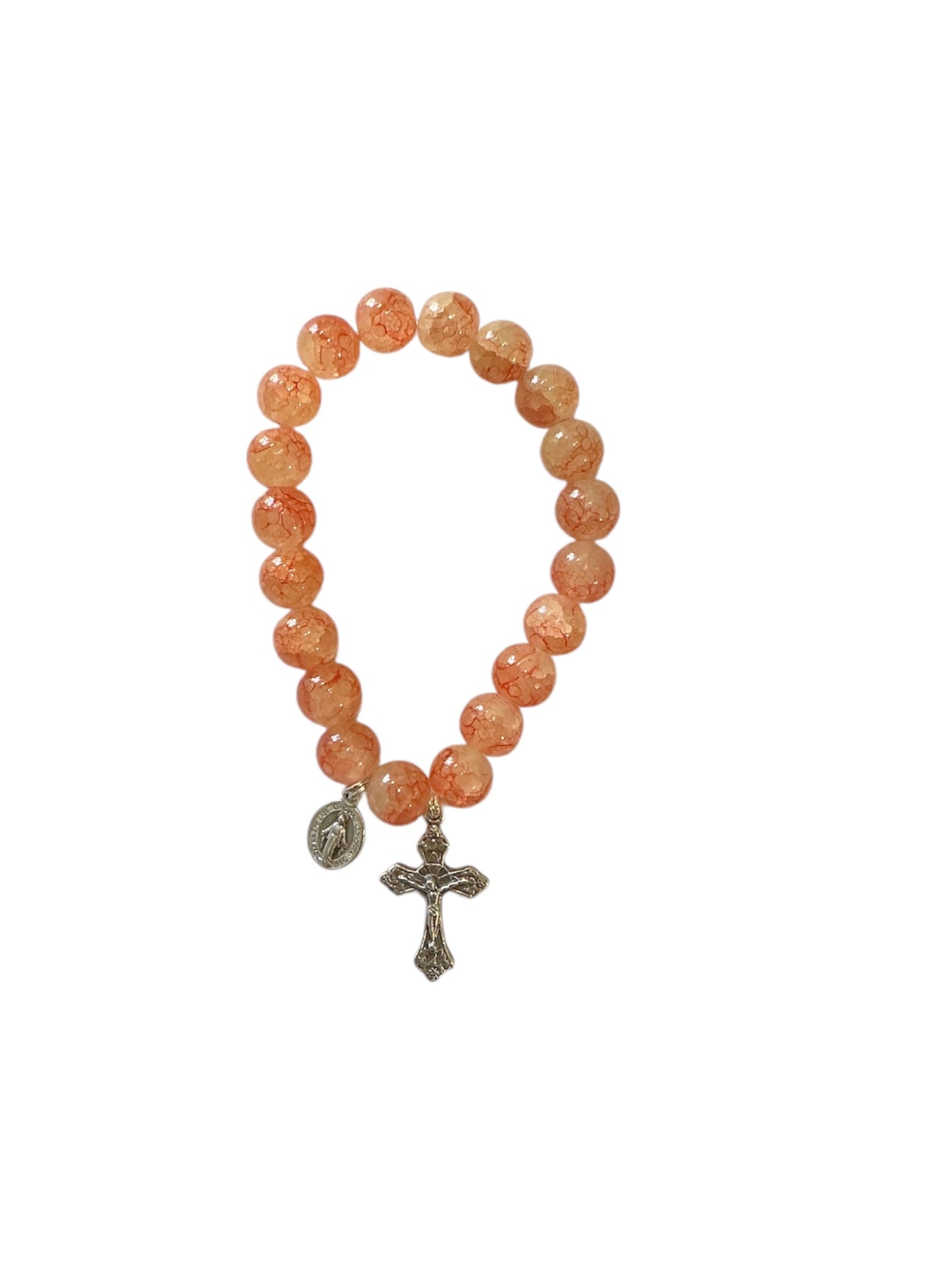 Orange Marbled Glass Bead Miraculous Virgin Bracelet