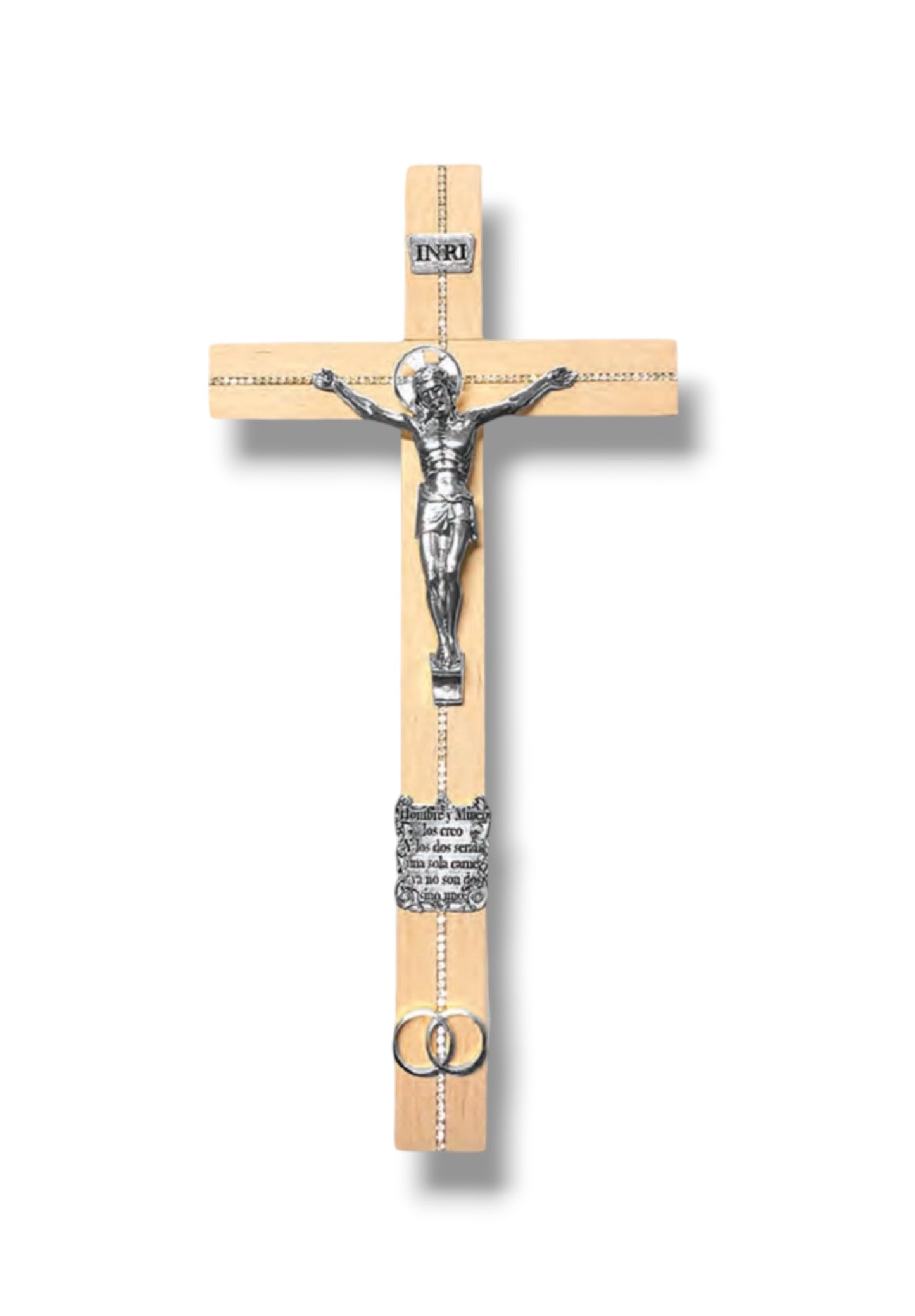 LIGHT BROWN WOOD WALL MOUNTABLE CRUCIFIX. ENCRUSTED WITH RHINESTONES. FETAURES GOLD OR SILVER DETAILING UNITY RINGS, & GOLD OR SILVER CORPUS