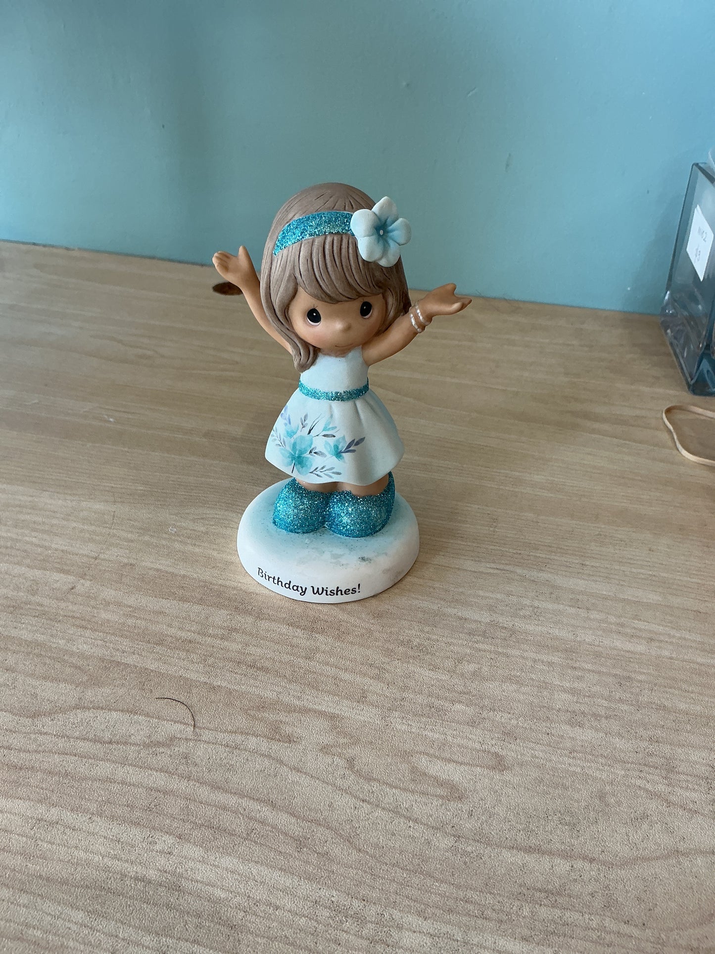 Girl in Teal Dress With Arm Up / Birthday Wishes Precious Moment