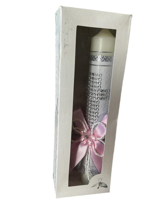 Candle Baptism 10" pink bow with a cross