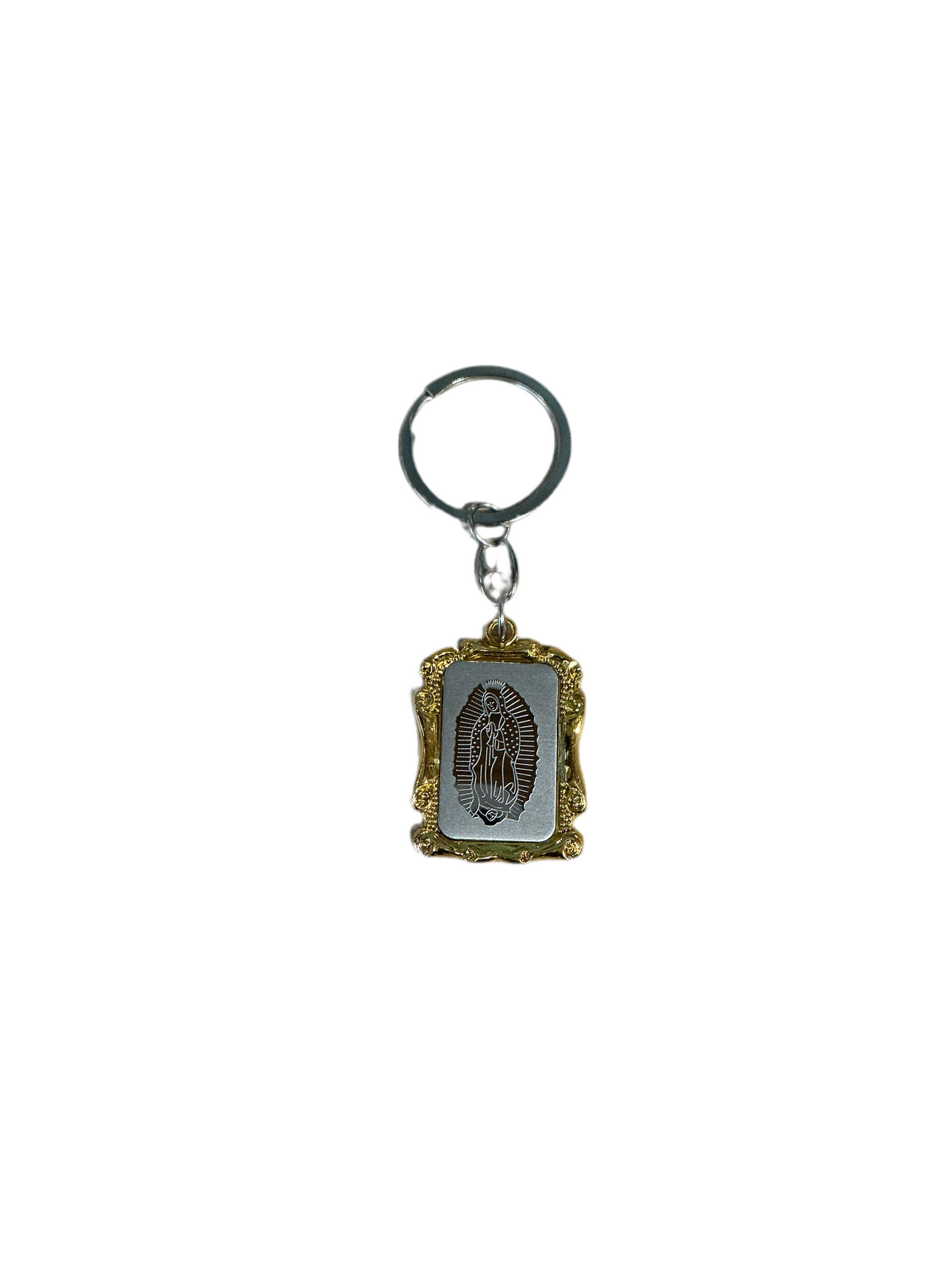 Llavero Rectangular Plateado con Dorado de Guadalupe