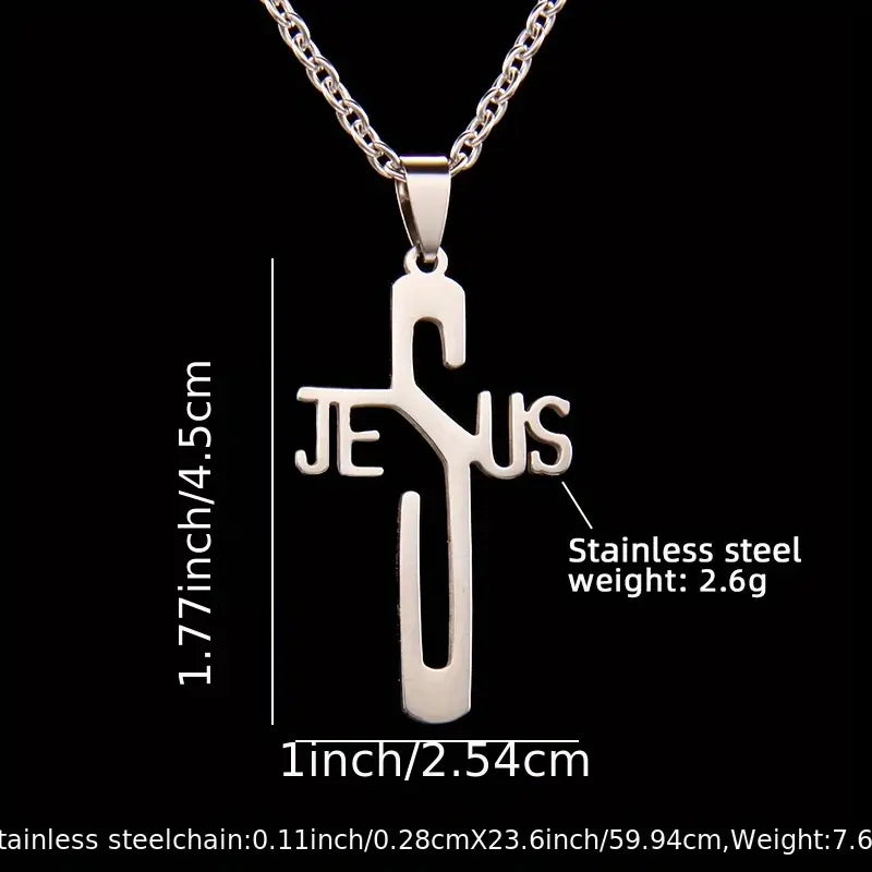 Stainless Steel Jesus Cross & Bold JESUS Letter Bible Necklace