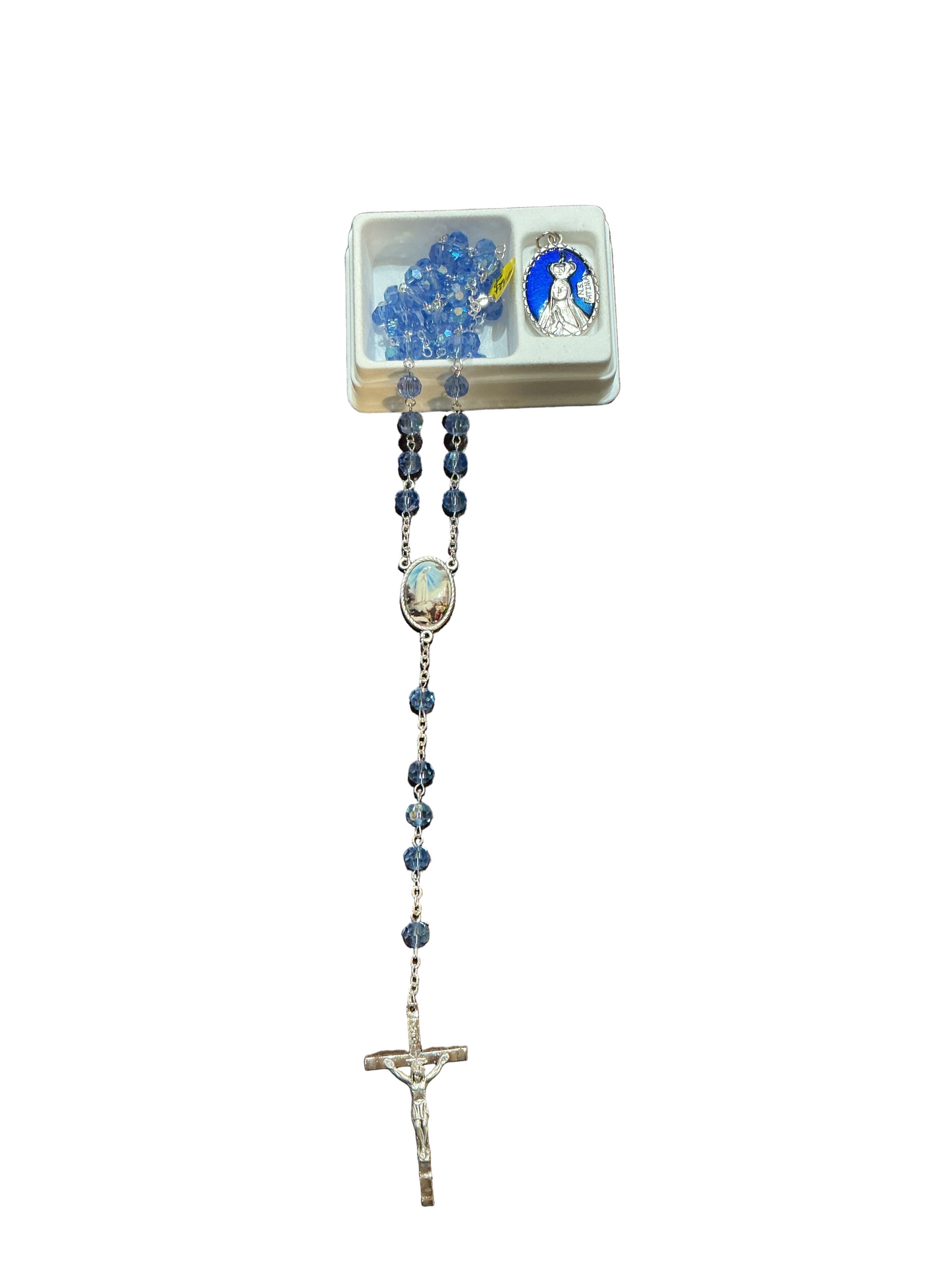 22" Silver Rosry 5MM Blue Beads Ol Fatima Center & Pendant