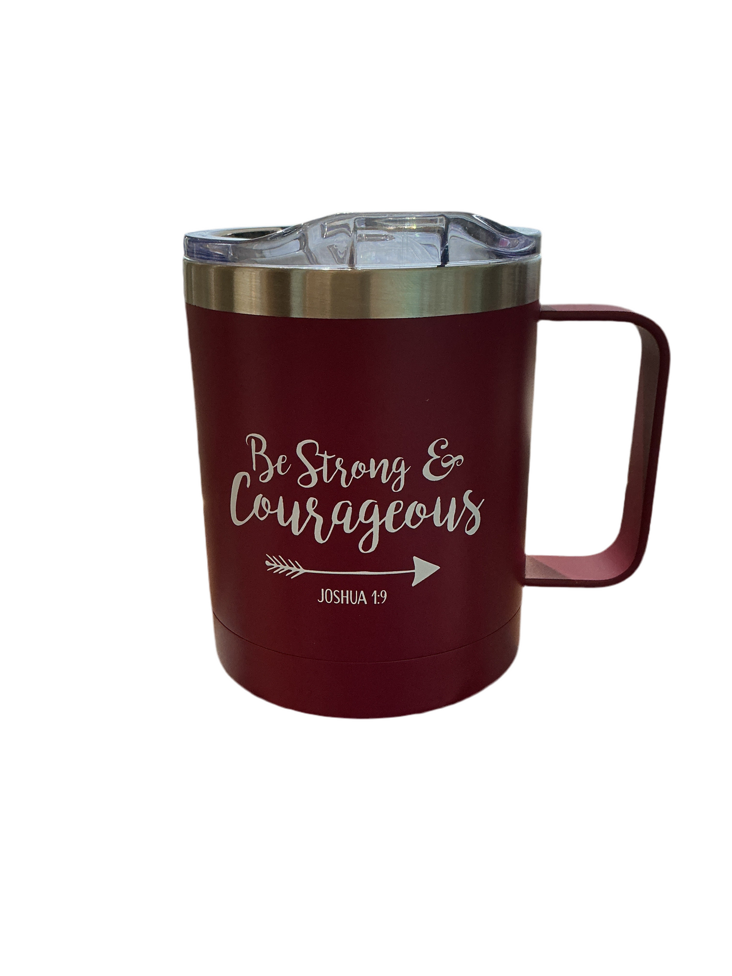 Be Strong & Courageous Stainless Steel Magenta Mug w/Joshua 1:9 - Camp Style Travel Mug for Women and Men (11oz Double Wall Vacuum Insulated Coffee Mug with Lid and Handle