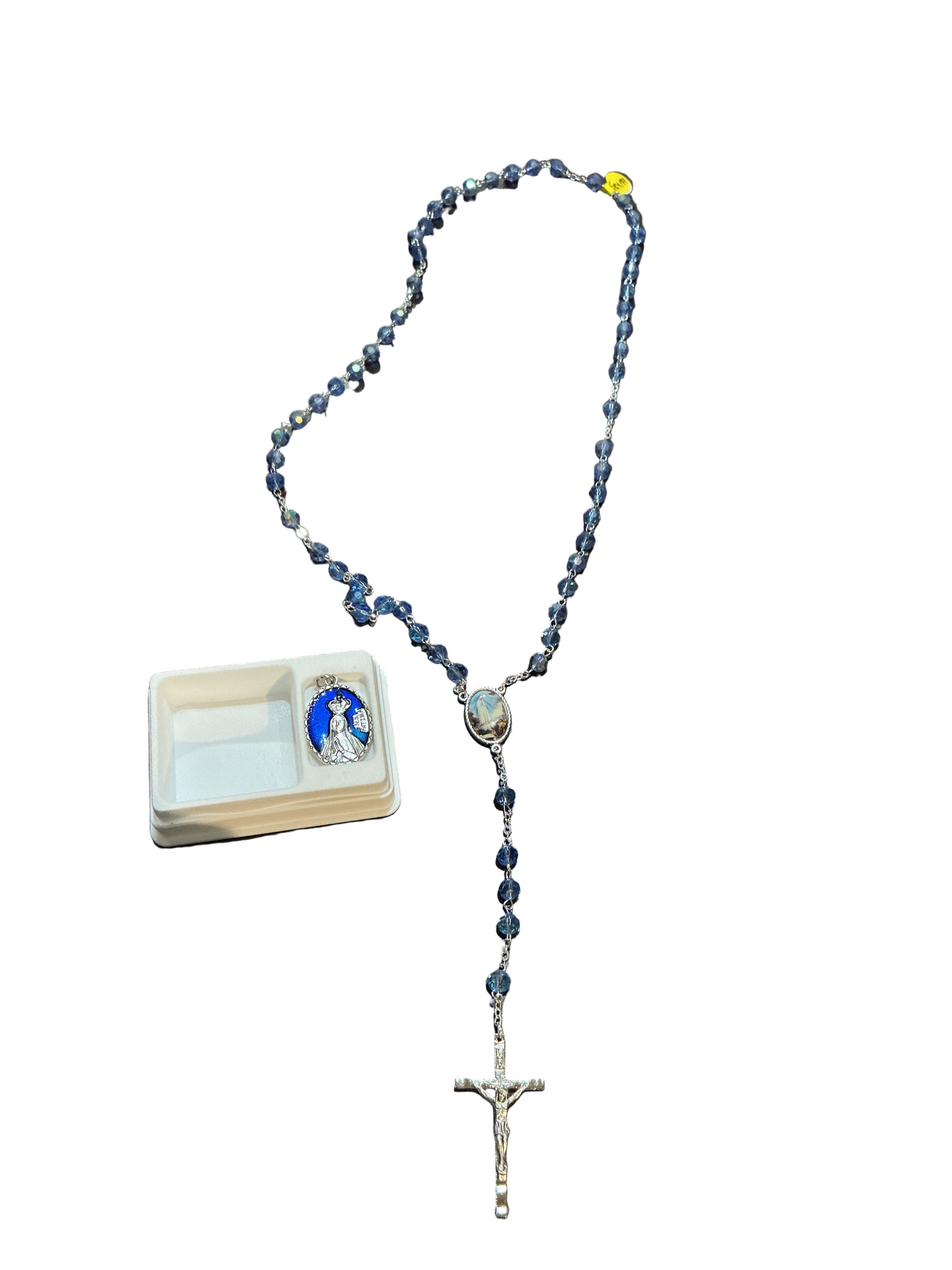 22" Silver Rosry 5MM Blue Beads Ol Fatima Center & Pendant