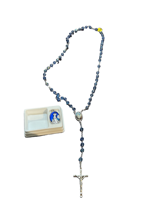 22" Silver Rosry 5MM Blue Beads Ol Fatima Center & Pendant