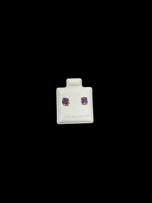 Sterling Silver Stud Earrings Cut Cubic  4x4 Color Purple
