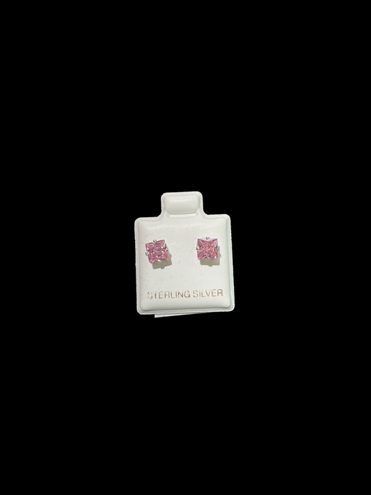 Sterling Silver Stud Earrings Cut Cubic 5x5 Color Pink
