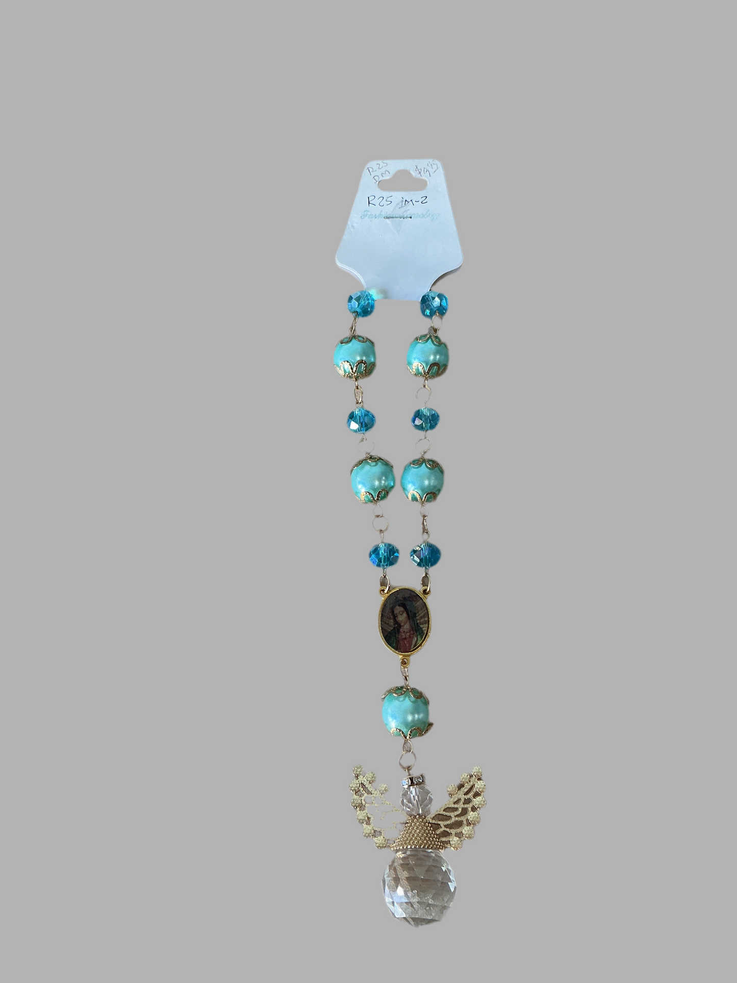 Rsy 9mm Aqua and gold beads with angel- Virgen  de Guadalupe