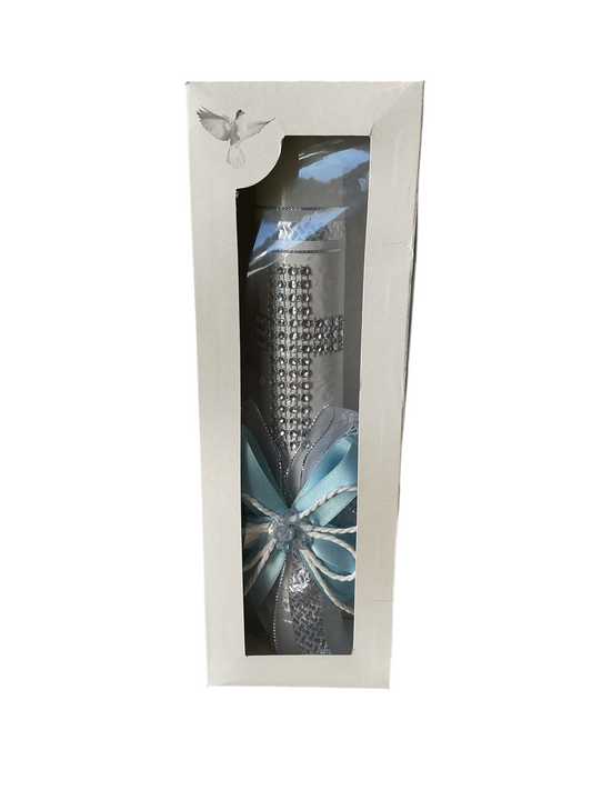 Candle Baptism 10" with a light blue bow and cross