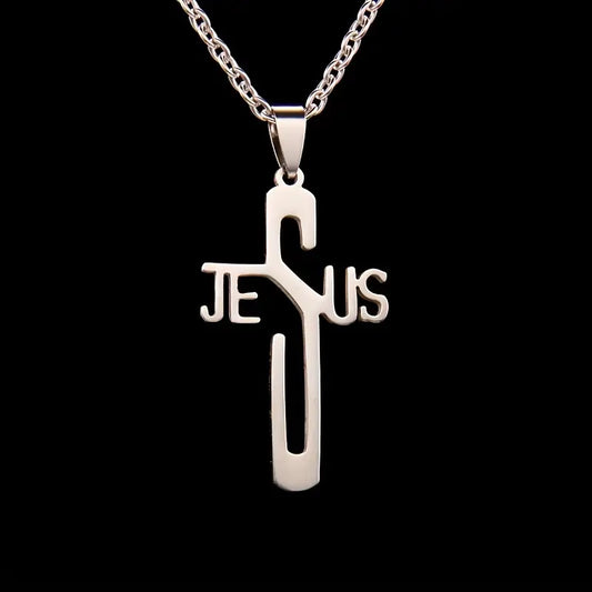 Stainless Steel Jesus Cross & Bold JESUS Letter Bible Necklace