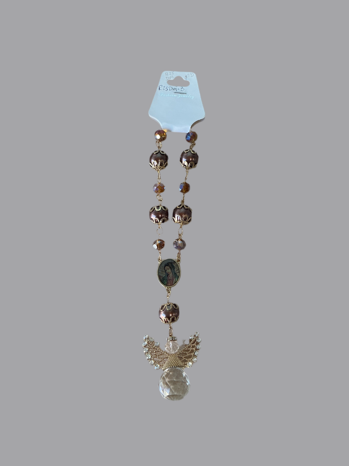 Rsy 9mm brown and gold beads with angel- Virgen  de Guadalupe