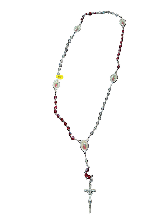 20" Silver Linked 5MM Red & Clear Bead Rosary Guadalupe