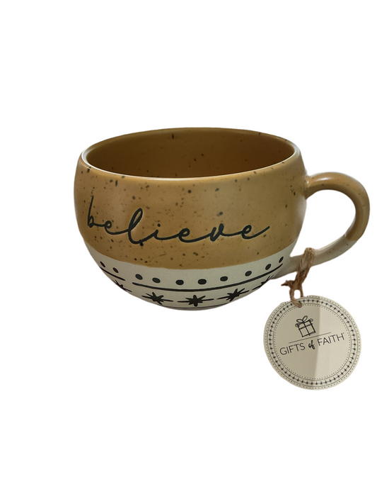 Faithworks Scandi Christmas Mugs - Handcrafted Jumbo Stoneware Holiday Mug for Coffee or Soup, 16-Ounce, Believe
