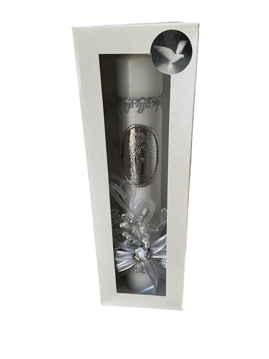 Candle Baptism 10" Silver with an image of the Virgin of Guadalupe