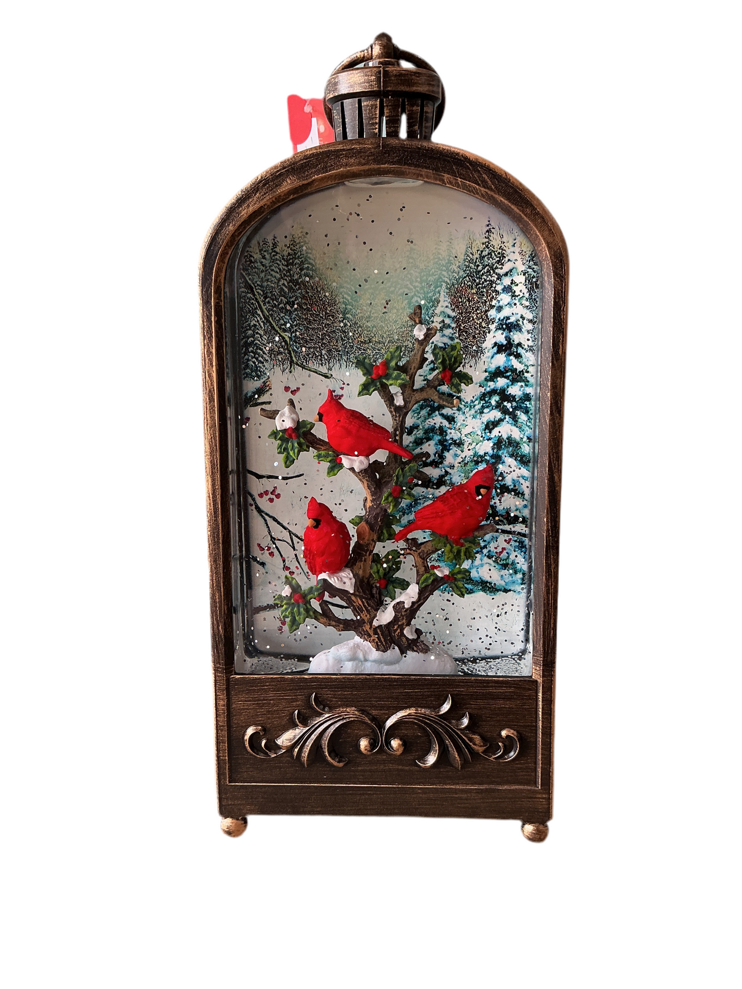 Night Lighted Swirl Arch Lantern with Cardinals, Confetti Lite