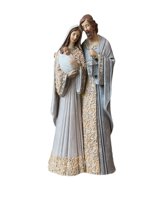 Holy Family With Pattern in Ivory and Grey Robes 12"H