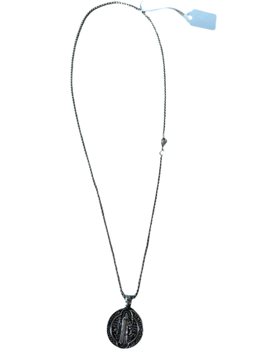 Silver Plated Round St. Benedict Pendant Necklace, Alloy Coin Medal
