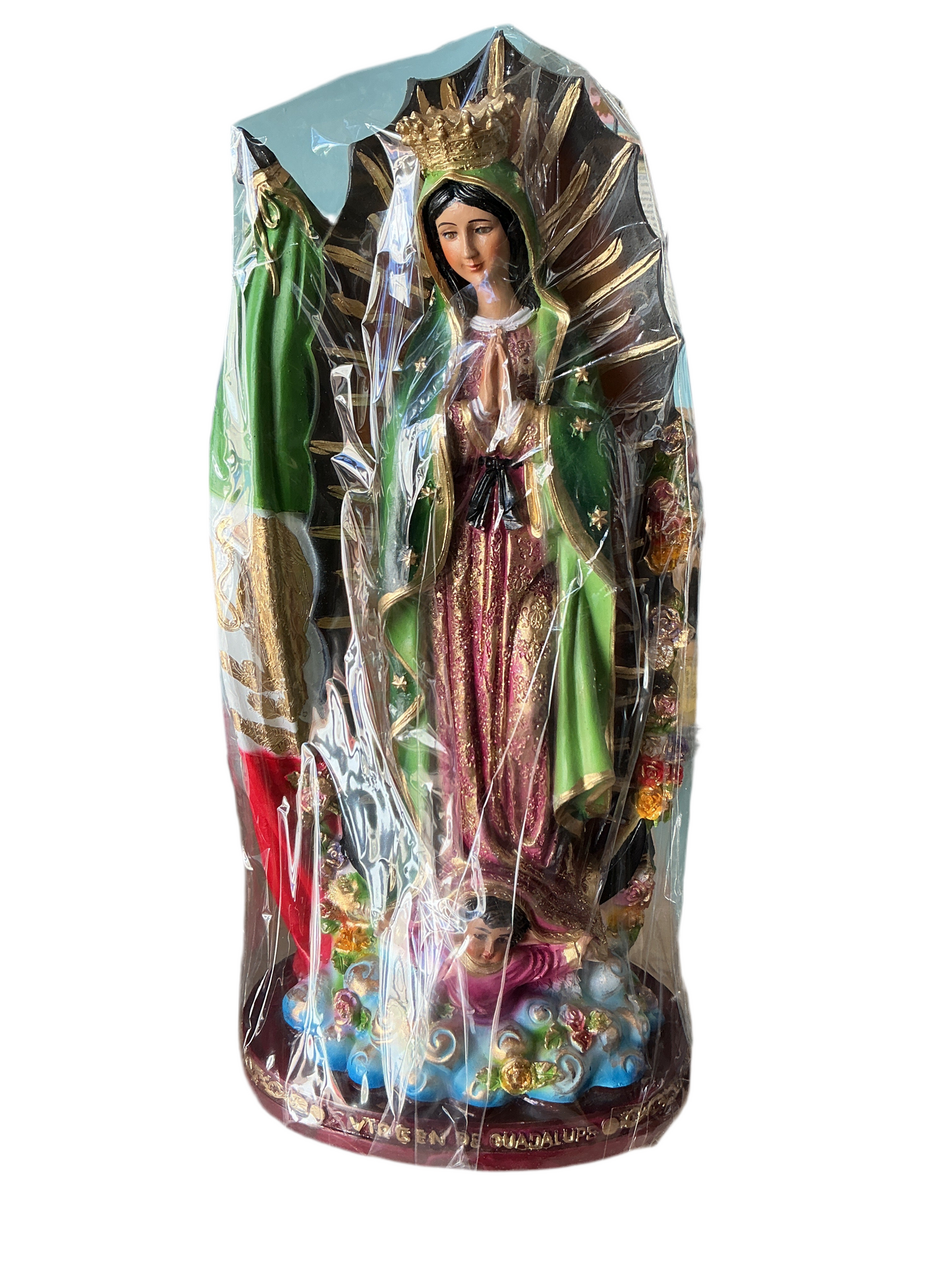 Virgen de Guadalupe de Concha y Bandera de México 16” H