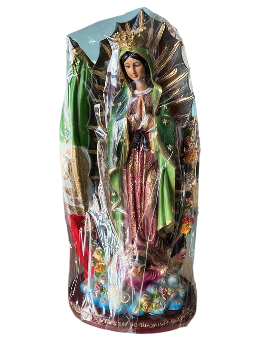 Virgen de Guadalupe de Concha y Bandera de México 16” H