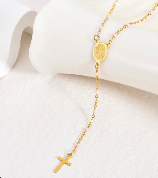 Collar Rosario Acero Inoxidable Chapado En Oro 18K